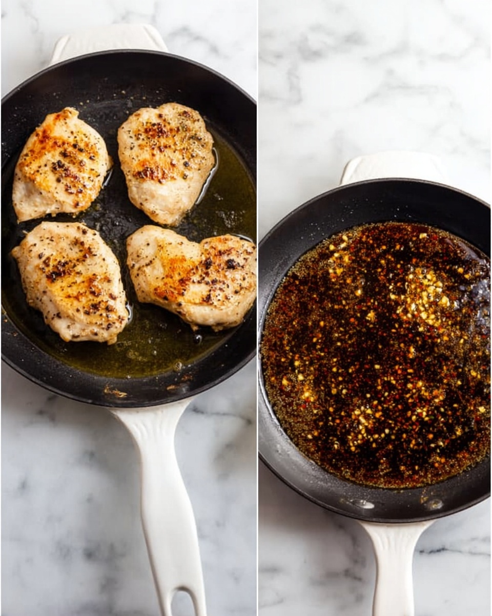 The image shows two black round pans with white handles on a white marbled surface. The left pan has four lightly browned grilled chicken pieces with specks of pepper, arranged neatly, with a golden sear on the edges and smooth, cooked texture on top. The right pan contains a dark brown, bubbling sauce filled with small bits of garlic or spices evenly spread across the bubbling surface. Both pans appear hot, and the texture of the sauce glistens with oil bubbles. photo taken with an iphone --ar 4:5 --v 7