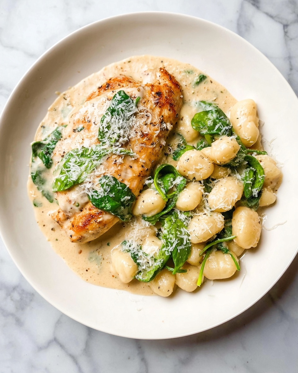 The dish shows a white plate with a lightly golden cooked chicken piece on the left side, topped with a creamy light beige sauce and fresh green spinach leaves. On the right side of the plate, there are soft gnocchi covered in the same creamy sauce and scattered spinach leaves, all sprinkled with finely grated white cheese. The plate sits on a white marbled surface, and the overall look is warm and inviting with soft textures and colors. photo taken with an iphone --ar 4:5 --v 7