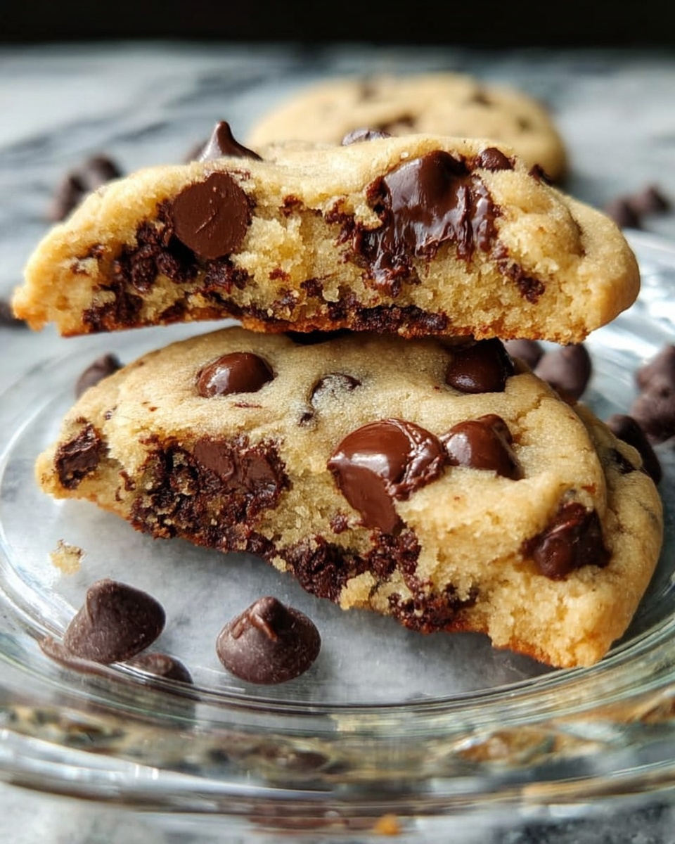 A close-up image shows a soft, thick chocolate chip cookie broken in half, with a dense, light golden dough full of large, melted dark brown chocolate chips visible inside and on the surface. The cookie halves rest on a clear glass plate, with a few extra chocolate chips scattered nearby. The background is a white marbled texture. photo taken with an iphone --ar 4:5 --v 7