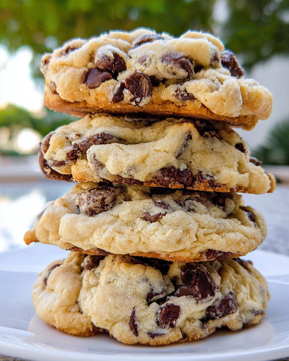 A stack of four thick chocolate chip cookies is shown close up, each cookie looking soft and chunky with a golden brown bottom layer and a pale beige top layer filled with dark chocolate chips, giving a bumpy texture. The cookies are stacked unevenly on a white plate, all against a white marbled surface with a blurred green outdoor background. The photo taken with an iphone --ar 4:5 --v 7