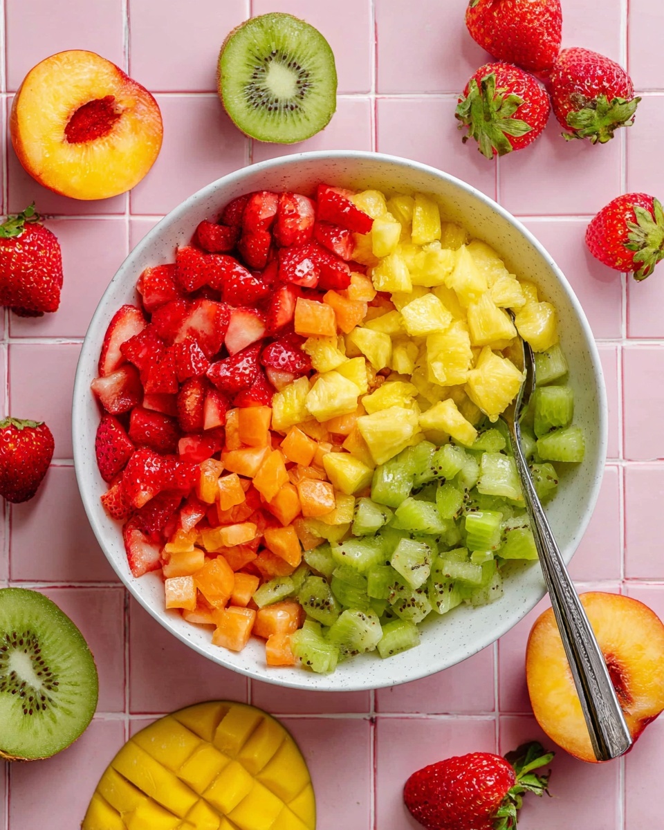 A white bowl filled with four sections of small diced fruits arranged in a circular pattern: bright red strawberries on the top left, yellow pineapple chunks on the top right, orange pieces of mango on the bottom left, and green kiwi pieces on the bottom right. A silver spoon rests inside the bowl near the kiwi section. Around the bowl, there are whole and halved kiwi fruits, whole strawberries with green tops, a sliced mango, and a peach, all placed on a white marbled surface with pink tiled background. photo taken with an iphone --ar 4:5 --v 7