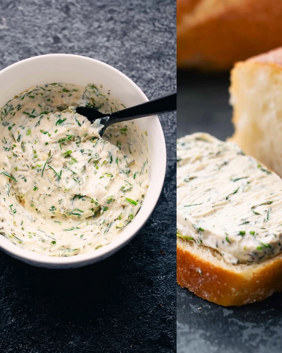 The image shows a white bowl filled with a creamy mixture that has small green herb pieces spread evenly throughout, with a black spoon resting inside the bowl covered with some of the mixture. Next to it is a close-up of a white slice of bread topped with a thick, smooth layer of the same herb-filled creamy spread, placed on a dark textured surface with part of a loaf of bread visible in the background. The colors focus on the pale cream with green herbs and the soft texture of the bread. Photo taken with an iphone --ar 4:5 --v 7