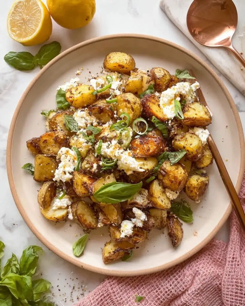 Baked Feta Potatoes with Roasted Garlic, Lemon, and Basil Recipe