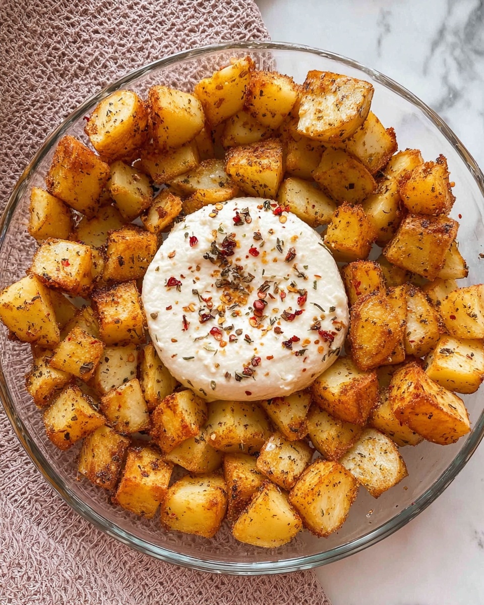 The image shows a clear round glass plate with golden brown roasted potato cubes arranged in a ring around a small wheel of white cream cheese in the center. The potatoes are crispy on the outside with a slightly rough texture and specks of seasoning and herbs. The cream cheese has a smooth and creamy texture, sprinkled with black pepper and red chili flakes, giving it a speckled appearance. The plate is placed on a white marbled surface with a light pink textured cloth partially visible on the side. photo taken with an iphone --ar 4:5 --v 7