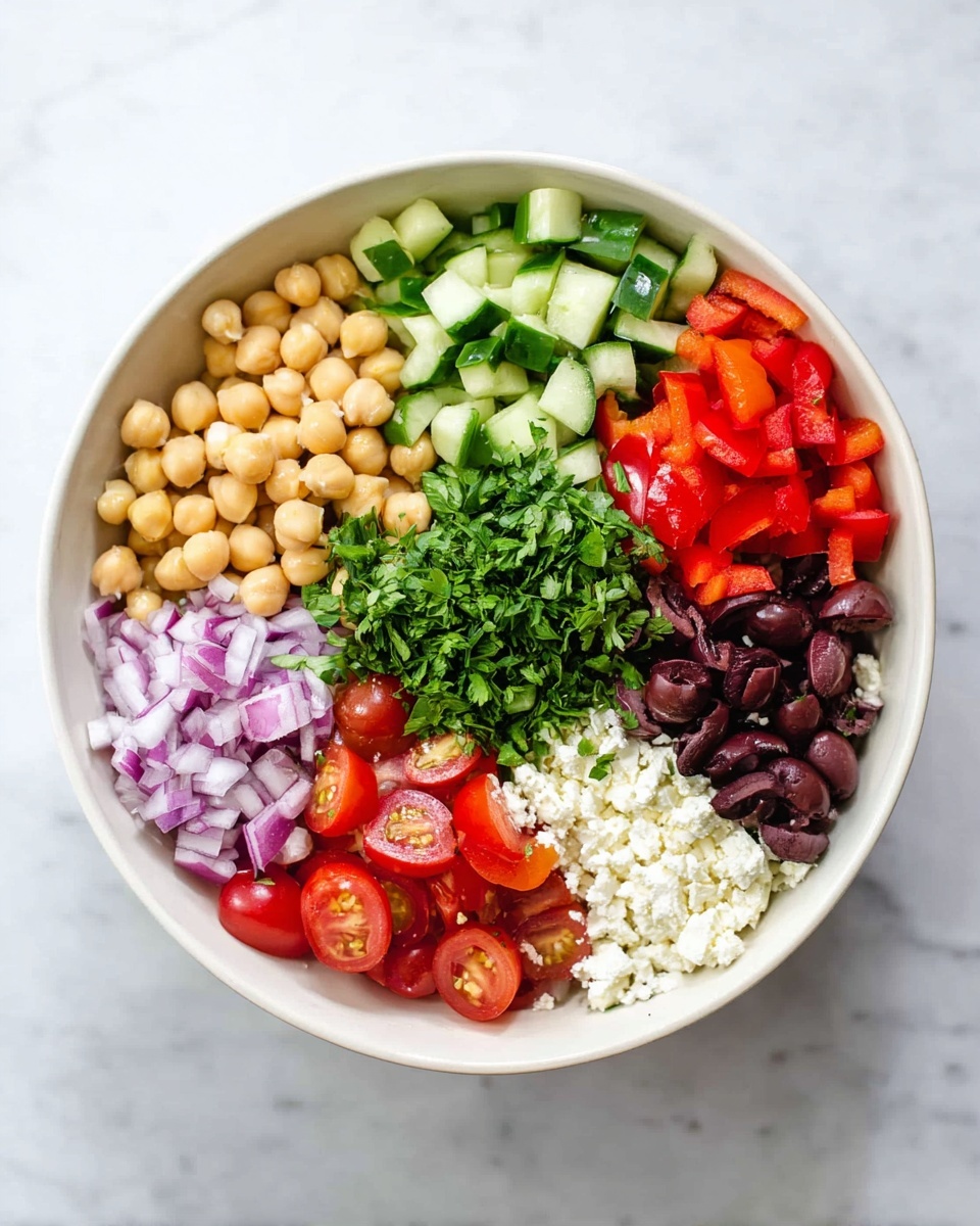 A white bowl is filled with six separate groups of food items arranged like pie slices. Starting at the top left, there are light tan round chickpeas, followed by light and dark green cucumber cubes at the top center, and bright red diced bell peppers on the top right. Below these, on the bottom right, are dark purple-black sliced olives, next to crumbled white cheese at the bottom center, and bright red halved grape tomatoes on the bottom left. Above the tomatoes are small pieces of chopped red onion, and in the middle of the bowl, a pile of fresh green chopped parsley. The bowl is placed on a white marbled surface. Photo taken with an iphone --ar 4:5 --v 7