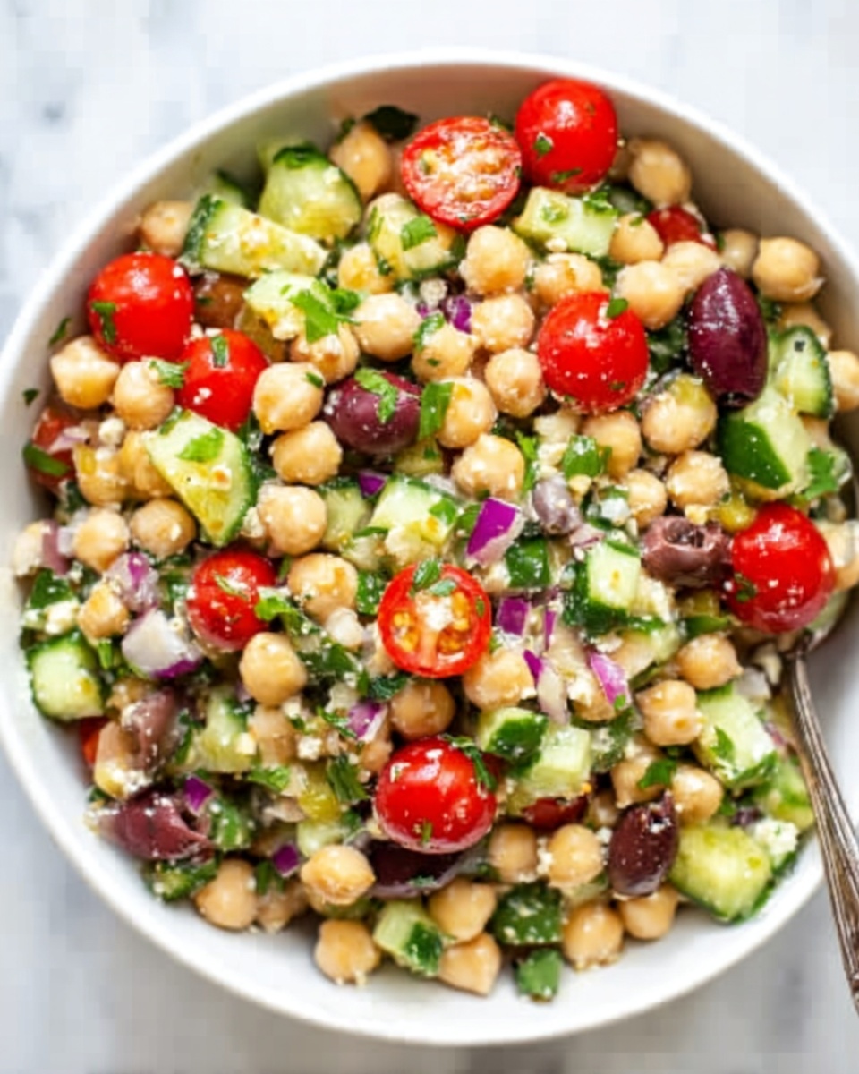 A white bowl filled with a colorful chickpea salad sits on a white marbled surface. The salad has multiple layers, with a base of round, beige chickpeas mixed with small, bright green cucumber pieces scattered throughout. Cherry tomato halves in a vivid red add a fresh pop of color across the salad. Small bits of dark purple olives are spread evenly, and finely chopped red onion bits add a subtle purple hue. Fresh chopped green herbs are sprinkled on top, giving the whole dish a fresh, vibrant look. The textures vary from smooth chickpeas to juicy tomatoes and crisp cucumber, creating a visually appealing mix. Photo taken with an iphone --ar 4:5 --v 7