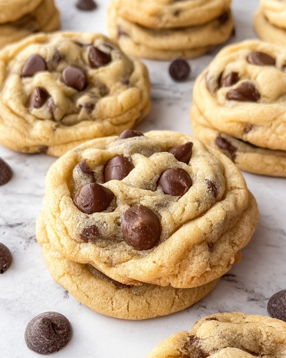 A close-up of a single chocolate chip cookie held between a woman's thumb and fingers with bright pink nail polish. The cookie has a golden-brown color with a soft and slightly wrinkled texture, dotted with smooth, dark chocolate chips spread unevenly across its surface. In the background, more cookies lie scattered on a white marbled surface, and a glass of milk is partially visible next to a black and white checkered cloth. The scene is bright and clear, showing the cookie's details and warm tones. photo taken with an iphone --ar 4:5 --v 7
