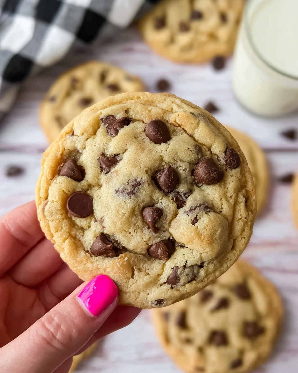 The image shows two thick, round chocolate chip cookies on white parchment paper over a white marbled surface. The closest cookie is broken into three pieces, revealing a soft, slightly gooey inside with melted dark brown chocolate chunks. The cookie dough is light golden brown with a slightly cracked, textured top, and darker chocolate chips scattered throughout. The second whole cookie is intact and positioned partially above the broken one, showing a similar texture and color. A few chocolate chips are loose on the surface near the cookies. Photo taken with an iphone --ar 4:5 --v 7