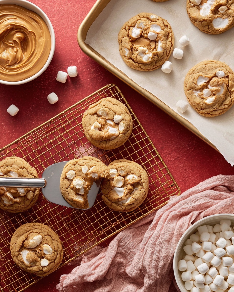 The image shows a group of light brown cookies with toasted white marshmallow pieces inside, placed on a gold cooling rack over a red textured surface. One cookie is being lifted by a metal spatula, showing its soft texture with melted marshmallow peeking through. To the right, there is a white baking tray lined with parchment paper holding three more of the same cookies. At the top left corner, a bowl with creamy peanut butter is partially visible, and at the bottom right, a white bowl filled with white mini marshmallows sits on the surface. A pale pink cloth is softly folded in the bottom right corner of the frame. The overall feel is warm with textures of cookie crumb, soft marshmallow, and creamy peanut butter clearly visible photo taken with an iphone --ar 4:5 --v 7