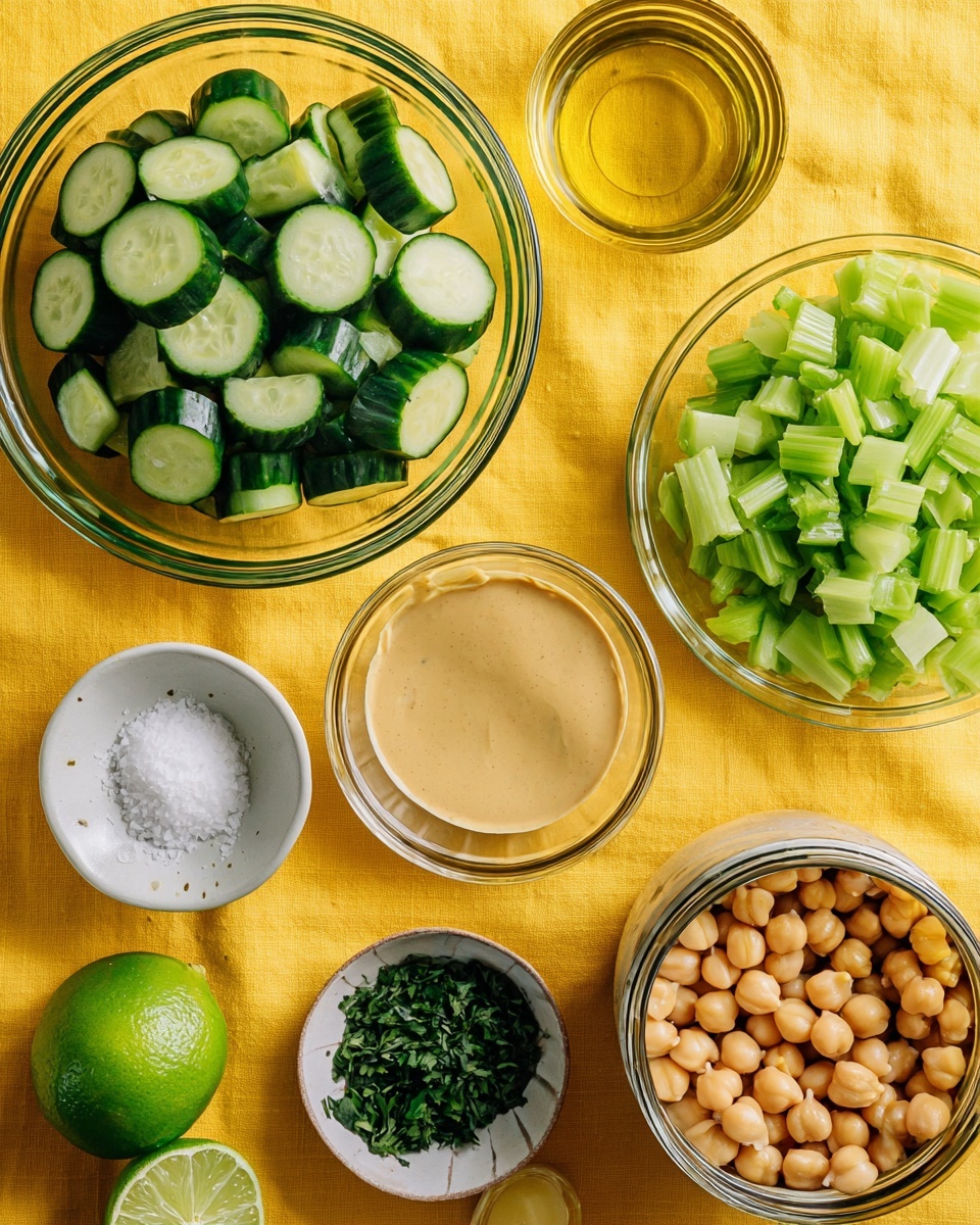 The image shows several glass bowls and a can neatly placed on a bright yellow cloth background with a white marbled texture underneath. One large bowl at the top holds chopped cucumber pieces that are light green with dark green skin. Another large bowl at the bottom right has chopped celery pieces, light green in color and cut into small chunks. A small glass bowl in the middle left contains a creamy tan sauce with a smooth texture. Below it is a tiny bowl of white salt. To the left bottom corner is a small bowl with finely chopped dark green herbs. Near the center, a whole lime sits next to two lime halves showing a light green inside. At the right edge, an open can is filled with light beige chickpeas, their round shapes and smooth skin visible. Next to the small bowl of salt is a small glass container filled with golden-yellow oil. Photo taken with an iphone --ar 4:5 --v 7