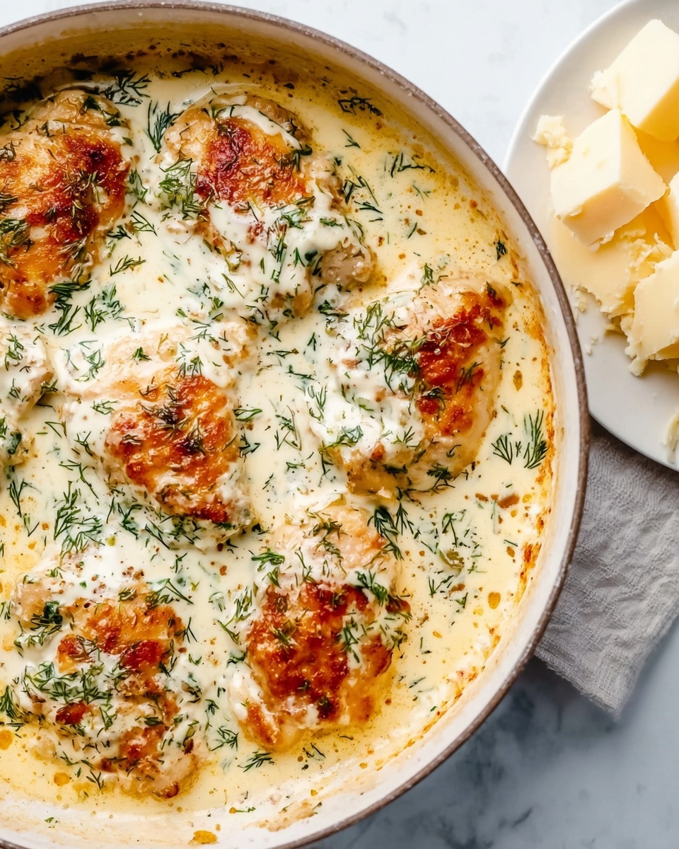 The image shows a round pan filled with several pieces of browned chicken covered in a thick creamy white sauce with light golden spots. The sauce has fresh green herb sprinkles, likely dill, spread evenly over the chicken and sauce surface. To the right side of the pan, there is a white plate with some light yellowish cheese chunks placed on a white marbled surface. The colors focus on creamy whites, golden browns, and bright greens. The scene is bright and clean. Photo taken with an iphone --ar 4:5 --v 7