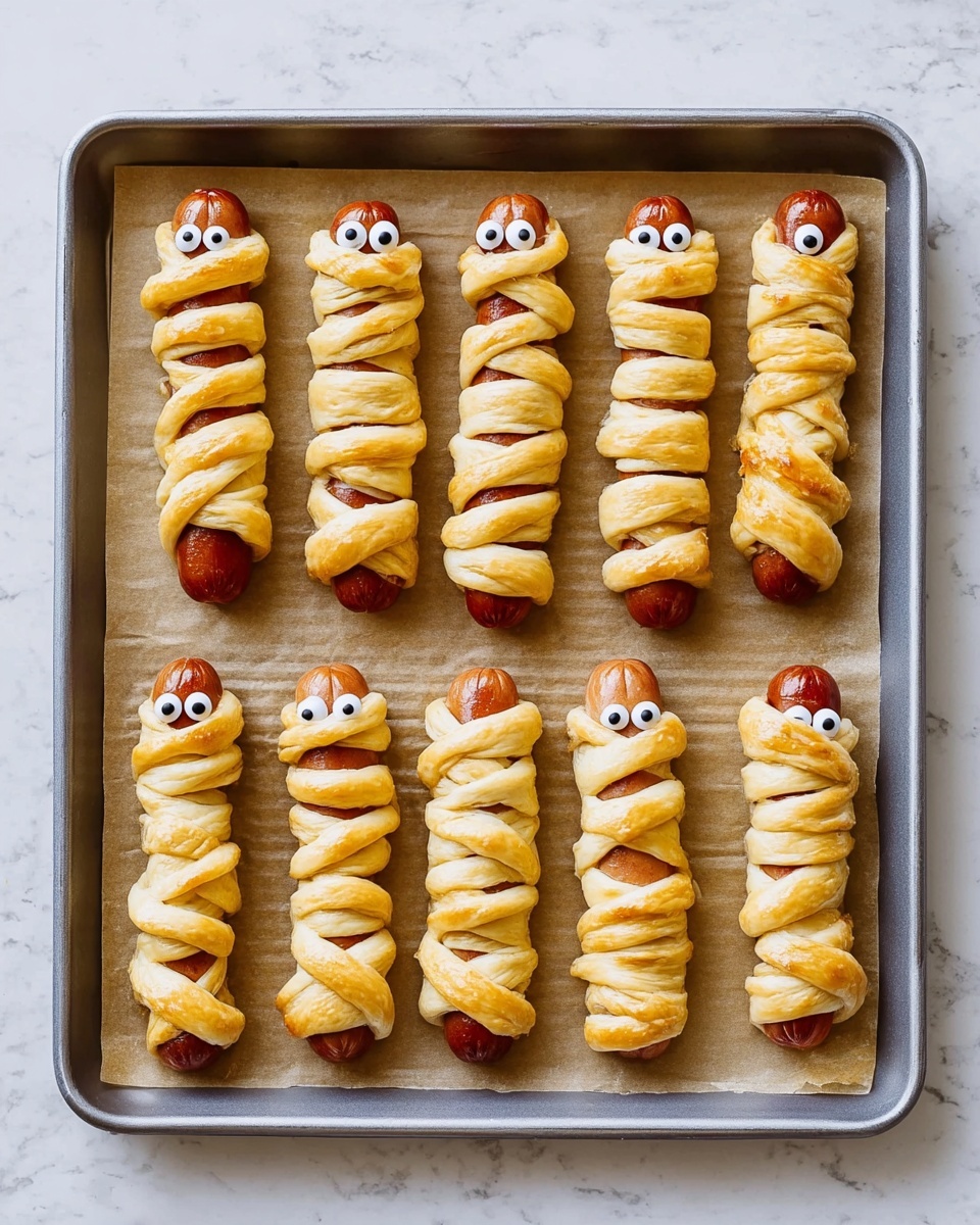 Eight hot dogs wrapped in golden brown dough strips are placed in two rows on a baking tray lined with parchment paper. Each hot dog is wrapped unevenly with the dough, leaving a small area open at the top showing the reddish sausage ends. Two small white candy eyes with black centers are placed near the top of each hot dog, making them look like little mummies. The baking tray is set on a white marbled surface. photo taken with an iphone --ar 4:5 --v 7