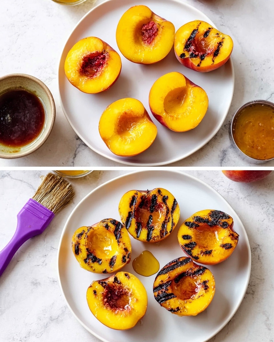 The image shows two white plates on a white marbled surface, each with six halved yellow peaches without the pits. On the left plate, the peach halves are fresh and shiny with some syrup drizzled on top, and a small bowl of syrup and a brush with a purple handle are nearby. On the right plate, the peaches are grilled with dark grill marks on their yellow-orange flesh, still arranged in the same way as the fresh halves, and a small syrup spot can be seen on the plate; the same brush and bowl of syrup are visible in the background. photo taken with an iphone --ar 4:5 --v 7