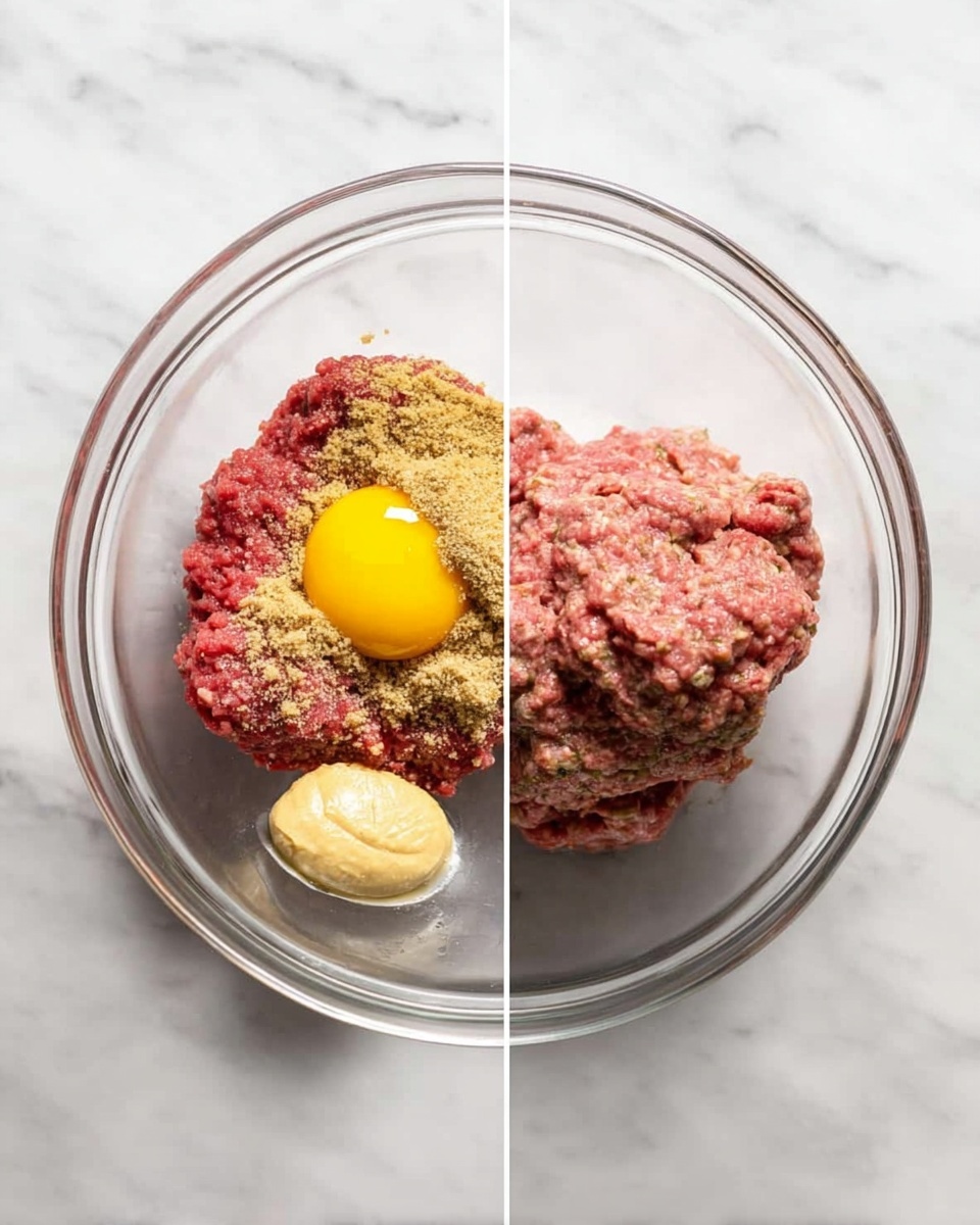 The image shows two clear glass bowls on a white marbled surface. The bowl on the left has several layers starting with a base of raw red ground meat, topped with a light brown layer of breadcrumbs on the upper left side. Next, there is a bright yellow raw egg yolk placed on the lower right side, and a smaller dollop of beige mustard near the bottom left. The bowl on the right contains a thicker mix of the ingredients blended together in a single mound of pinkish-brown meat mixture. photo taken with an iphone --ar 4:5 --v 7