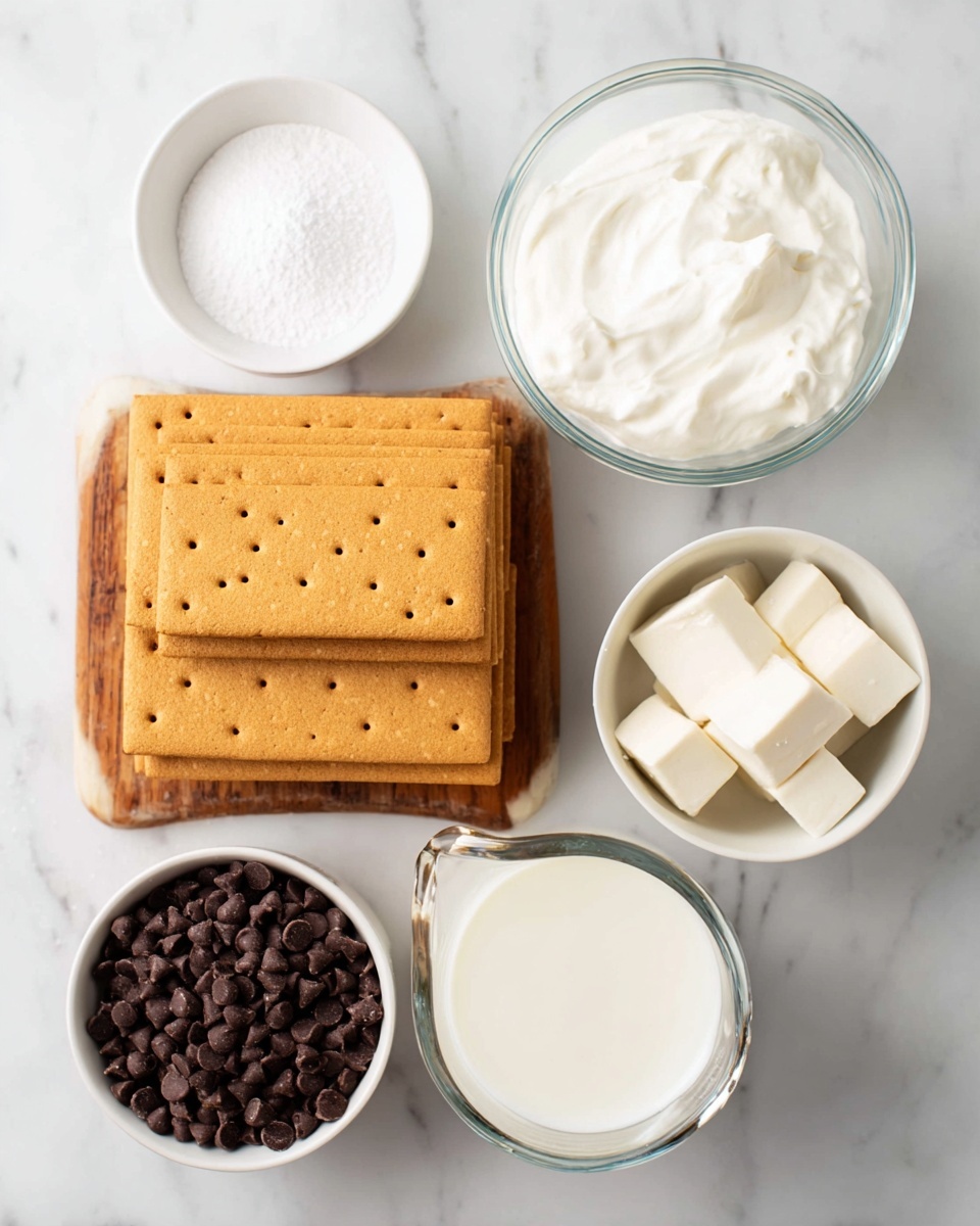 The image shows ingredients laid out on a white marbled surface, including a wooden board filled with two layers of rectangular golden-brown graham crackers with small holes on top, a small white bowl of white sugar, another small white bowl filled with smooth white cream, a small white bowl with dark brown chocolate chips, and a clear glass measuring cup filled with white milk, all neatly arranged in a flat lay style. Photo taken with an iphone --ar 4:5 --v 7