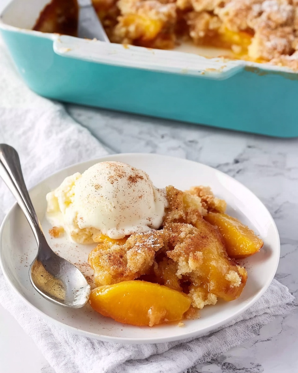 The image shows a white plate with a serving of peach cobbler layered on the bottom, featuring golden-orange cooked peach slices with a soft texture. On top of the peaches is a crumbly golden-brown crust that looks slightly crisp. Next to the peach cobbler is a scoop of melting vanilla ice cream, creamy white with a slight sheen and a sprinkle of cinnamon on it. A silver spoon rests on the plate, partially covered with cobbler and ice cream. In the background, there is a turquoise baking dish with more peach cobbler inside, showing the same layers with a silver serving spoon inside the dish. The whole scene is set on a white marbled surface with a light-colored cloth beneath the plate photo taken with an iphone --ar 4:5 --v 7