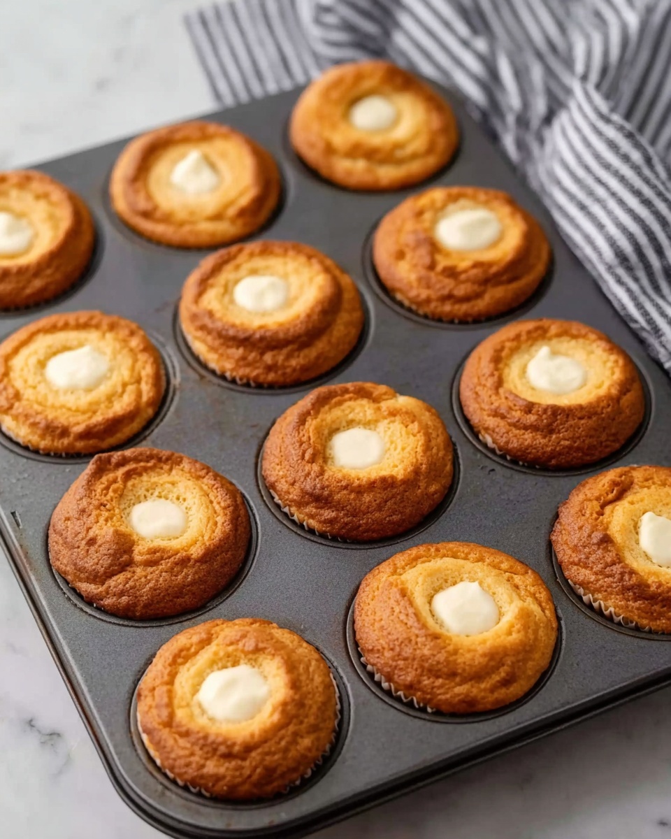 The image shows a tray with twelve muffins evenly spaced in a dark metal muffin pan. Each muffin has a golden brown top with a smooth, creamy white circle in the center, contrasting with the textured surface around it. The tray is placed on a white marbled surface, and a striped cloth is partially visible in the background. The muffins appear soft with a slightly browned crust, and their round shapes are uniform. Photo taken with an iphone --ar 4:5 --v 7