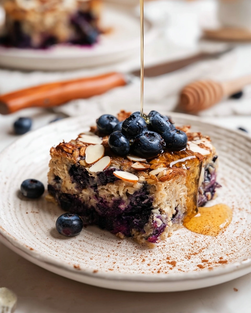 A thick, round slice of blueberry oatmeal bake sits in the center of a white plate with a textured rim, showing layers of soft, moist oats mixed with dark purple blueberries, and some toasted almond flakes on top. Fresh blueberries rest on the top layer, while a thin stream of golden syrup flows down, adding shine and moisture. The surface of the dish is sprinkled with light brown cinnamon powder, which also dusts the plate lightly around the bake. In the background, there is a blurred white plate with a similar dish, a wooden-handled knife, and a white marbled texture surface. photo taken with an iphone --ar 4:5 --v 7
