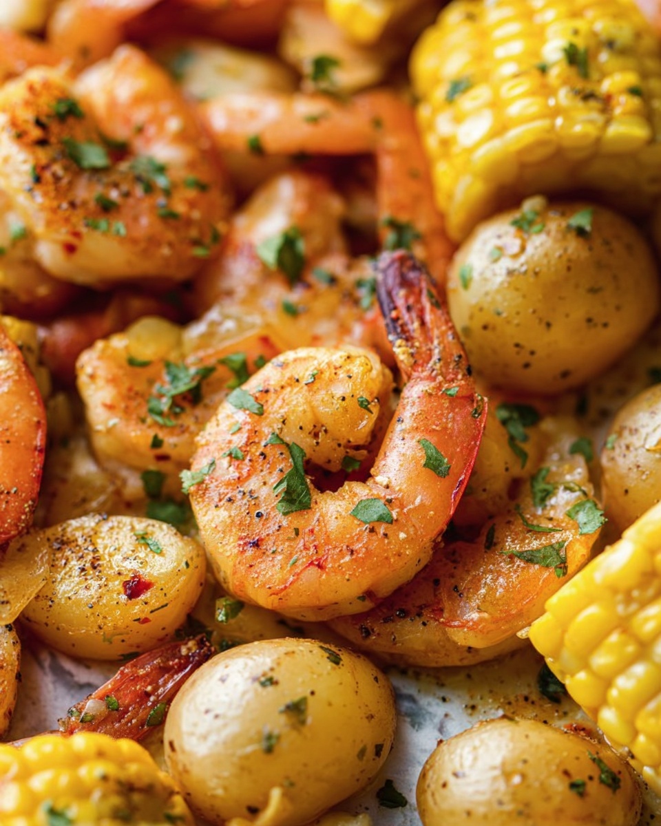 The image shows a close-up of a dish with three main layers: at the bottom, small round potatoes with a golden-brown skin speckled with green herbs; above that, bright yellow corn slices with a slightly charred texture; and on top, plump orange shrimp seasoned with black pepper and green herbs. The ingredients are mixed together and look juicy and fresh. The background has a white marbled texture. Photo taken with an iphone --ar 4:5 --v 7
