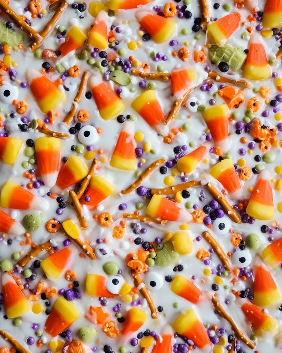 A close-up view of a white surface covered in a thick layer of white creamy base, topped with many candy corns arranged unevenly all over. There are small round sprinkles in colors like orange, purple, white, and green scattered among the candy corns. Additionally, there are small edible decorations shaped like eyes and tiny candy pumpkins mixed in. Thin pretzel sticks lie scattered across the top, adding a crunchy texture. The whole scene is vibrant with orange, yellow, white, and black colors on a smooth white marbled background. photo taken with an iphone --ar 4:5 --v 7