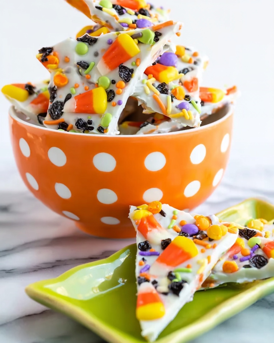 A white bowl filled with several triangular pieces of candy bark that have a white base with colorful candy corn pieces and small round sprinkles in orange, green, purple, and black scattered on top. The candy bark pieces are stacked inside the bowl, which sits on a white marbled surface with an orange bowl with white polka dots underneath it, partially visible. In the foreground, more candy bark pieces rest on a green rectangular plate with rounded edges on the white marbled surface. photo taken with an iphone --ar 4:5 --v 7