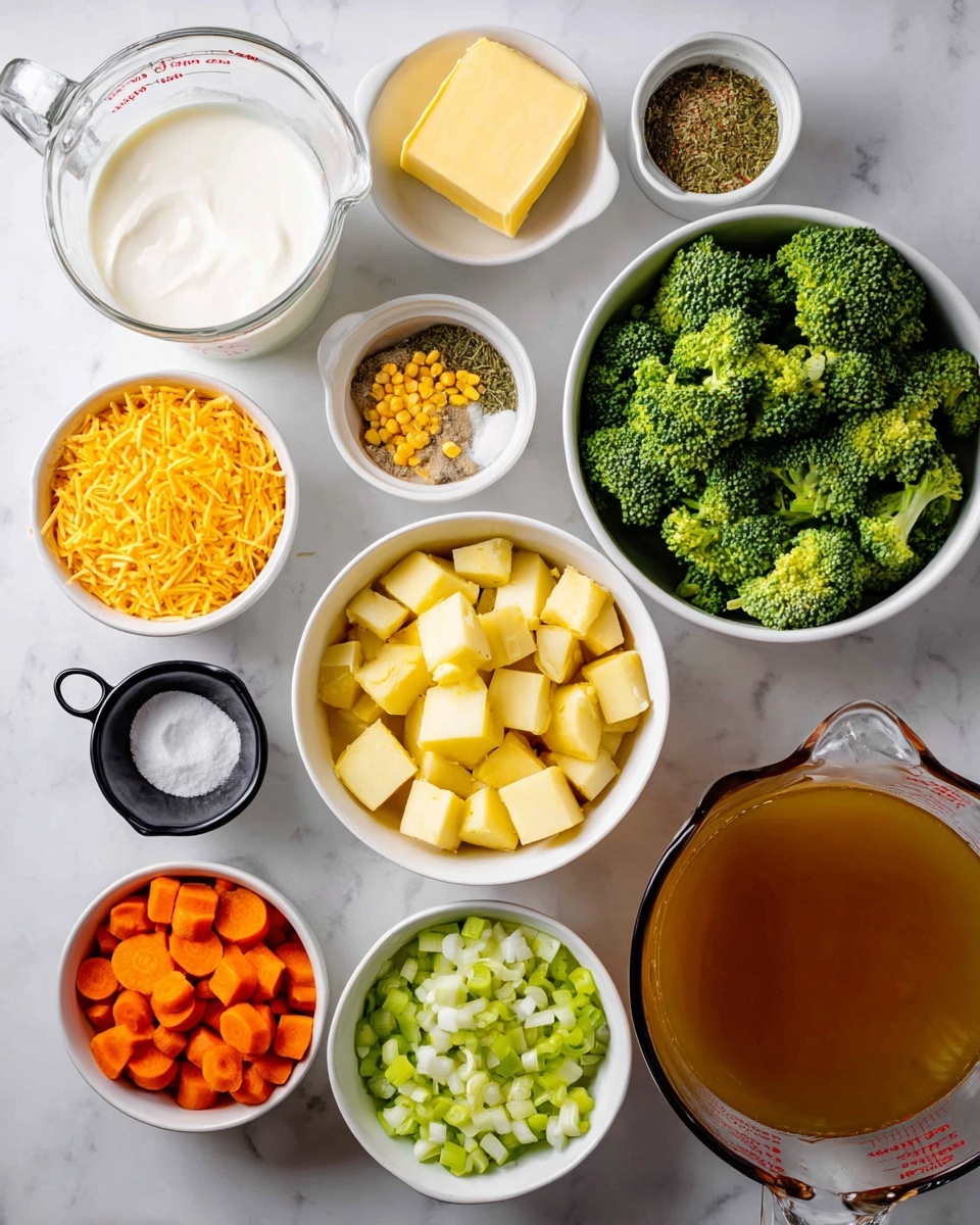The image shows several small white bowls and measuring cups arranged on a white marbled surface. From top left, a glass measuring cup holds white cream, next to a small bowl with a block of yellow butter. Beside it, a white bowl contains mixed dried herbs and garlic powder. Below these, a white bowl is filled with bright orange shredded cheese. To the left, a bowl holds yellow corn kernels, and below it, a black measuring cup has white flour. The center bowl contains cubed yellow potatoes, while to the right, a bowl is full of fresh green broccoli florets. At the bottom left, a white bowl has sliced orange carrots, chopped green celery, and chopped white onions. At the bottom right, a large glass measuring cup is filled with clear brown broth. The arrangement is neat and colorful, showing fresh cooking ingredients photo taken with an iphone --ar 4:5 --v 7