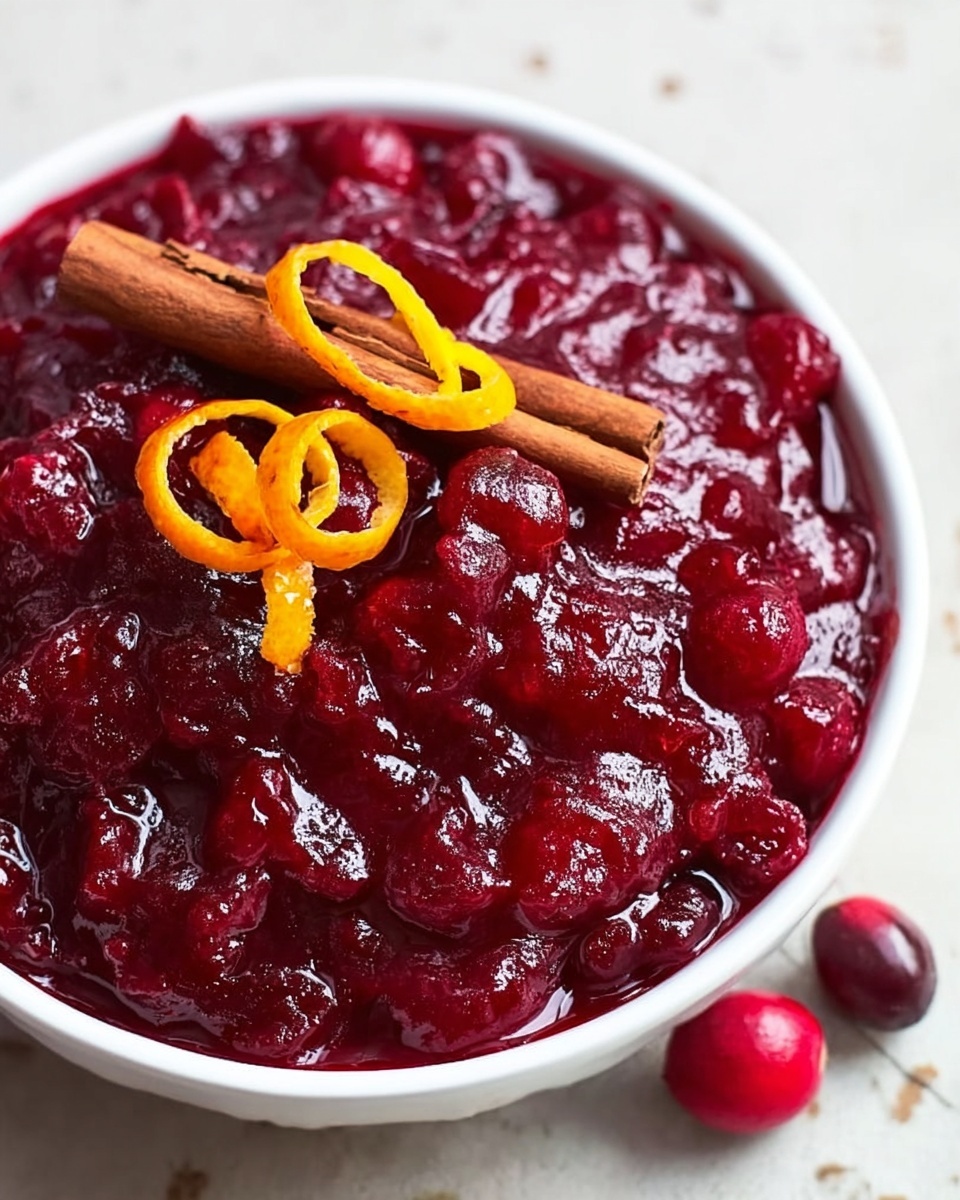The image shows a close-up of a bowl filled with a thick, rich, deep red cranberry sauce. The sauce has a chunky texture with visible whole and slightly crushed cranberries, giving it a glossy and slightly wet appearance. On top of the sauce, there is a whole cinnamon stick lying flat, with a curled orange peel twisted and placed next to it for decoration. The bowl is white, and the background surface is a white marbled texture. One fresh cranberry sits just outside the bowl at the bottom right corner of the image. The photo is taken with an iphone --ar 4:5 --v 7