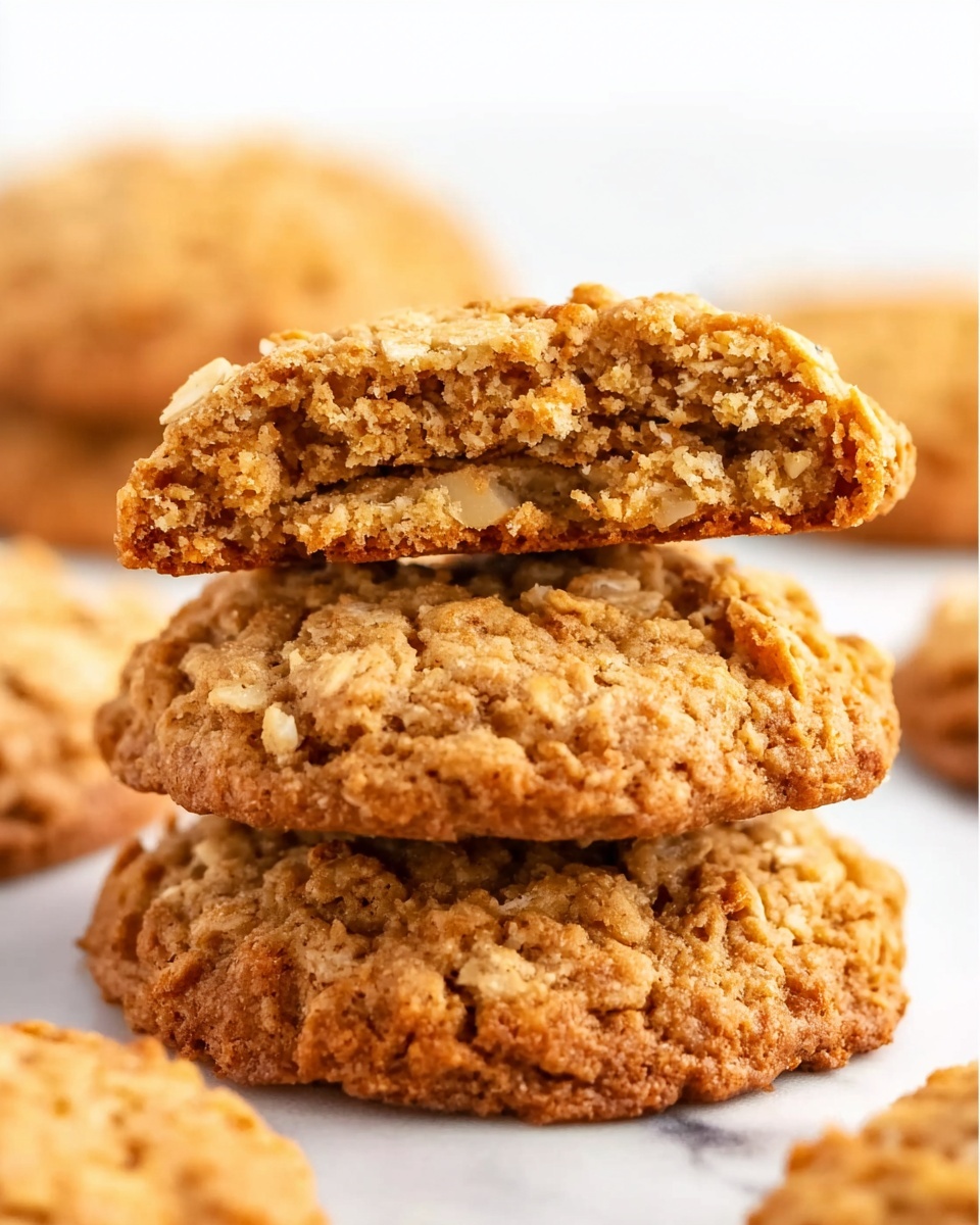 A close-up view of a stack of three oatmeal cookies on a white marbled surface. The bottom cookie is whole with a rough, slightly bumpy golden-brown texture showing visible oats. On top of it is another whole cookie with a similar texture and color. The top layer is a cookie broken in half, revealing a soft, light brown inside filled with oat flakes and small pieces. Around the stack, blurred whole cookies are spread out on the surface. Photo taken with an iphone --ar 4:5 --v 7