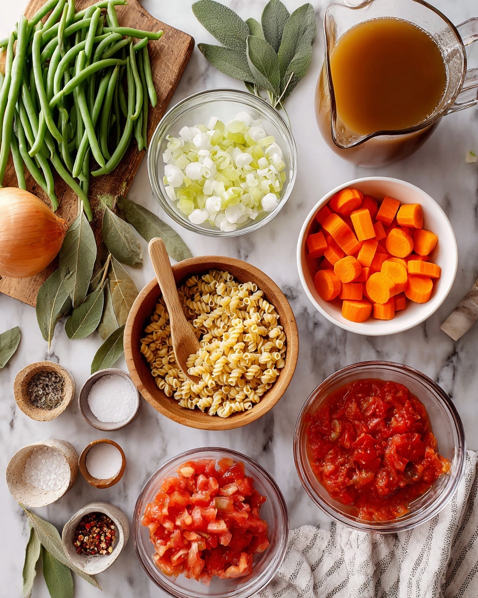 The image shows a collection of cooking ingredients arranged neatly on a white marbled surface. In the center, there is a wooden bowl filled with small dry pasta and a wooden spoon resting inside. Surrounding it are clear glass bowls with white beans and sliced celery, a white bowl with orange carrot slices, and a white bowl with chunky red tomatoes. To the right, a glass pitcher contains brown broth. On the left side, fresh green beans and a whole onion sit on a wooden cutting board with bay leaves and green herbs. Small bowls contain salt, dried spices, and red pepper flakes. A woman's hand is not visible but implied by placement. A striped cloth napkin is tucked under the tomato bowl. The colors are natural and fresh with a bright, clean look. photo taken with an iphone --ar 4:5 --v 7