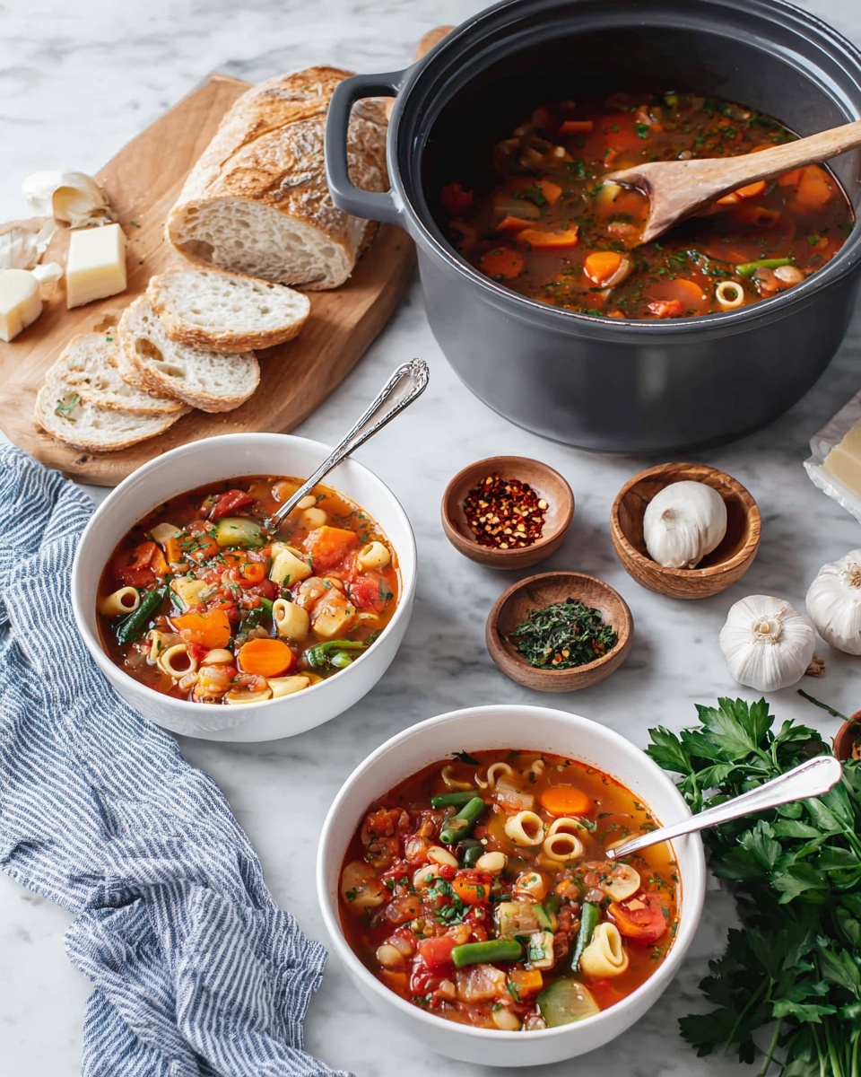 A white bowl filled with a broth soup showing layers of bright orange carrot slices, round yellow pasta rings, green beans, white beans, and diced red tomatoes mixed with small chopped green herbs. A silver spoon with a white handle rests inside the bowl, which is placed on a white marbled surface. To the side of the bowl, there are some cut pieces of light brown bread with a powdery flour dust on them, and a white cloth with blue stripes partly visible. The soup looks fresh and colorful with a mix of chunky and smooth textures and is lightly sprinkled with herbs. Photo taken with an iphone --ar 4:5 --v 7