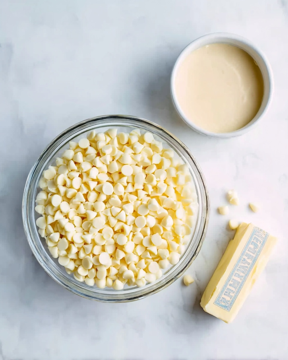 The image shows a clear glass bowl filled with many small, pale yellow white chocolate chips. To the right of the bowl, there is a small white plate with a smooth, light beige liquid inside, and next to it is a small wrapped cube of butter with light yellow wrapping. All items are placed on a white marbled surface with soft lighting, creating a clean and simple look photo taken with an iphone --ar 4:5 --v 7