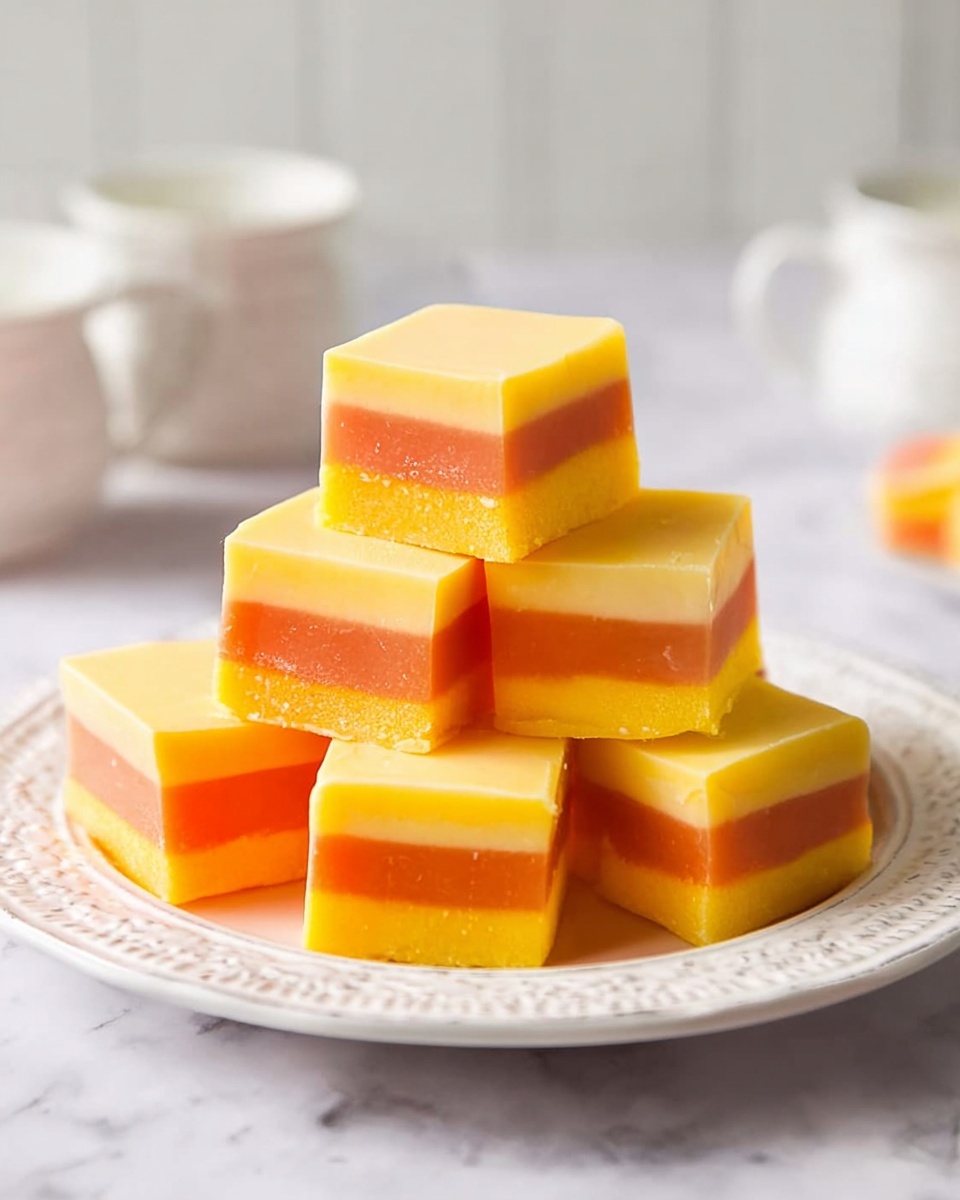The image shows a stack of square, layered candy pieces on a white plate with a slight decorative edge. Each candy piece has three layers: a thick bright yellow bottom layer, a medium orange middle layer, and a thin pale yellow top layer, all smooth and evenly cut. The candies are piled in a pyramid shape with some pieces leaning gently against each other. The plate sits on a white marbled surface with soft, out-of-focus white bowls and cups in the light background. Photo taken with an iphone --ar 4:5 --v 7