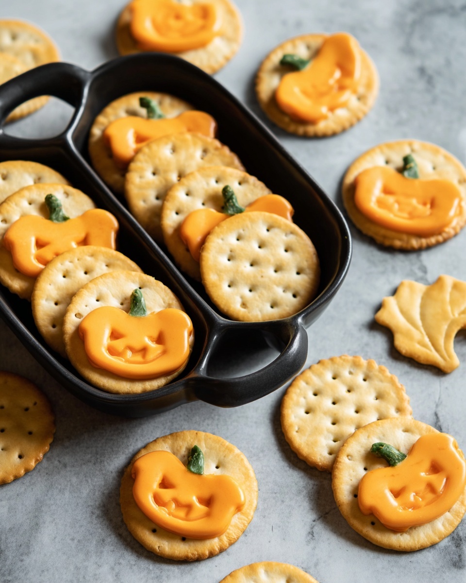 A collection of round crackers with smooth, orange cheese shapes on top, each cheese shape resembling a Halloween figure like a ghost, pumpkin, leaf, and bat, all carefully layered with the cheese on top of the light beige crackers. The crackers are both scattered on a dark textured surface and stacked in sections of a white dish with rounded compartments. The cheese shapes are detailed with small black dot eyes or green stems on the pumpkins, creating a festive look. The setting has a sharp focus on the front crackers with a soft blur over the background, photo taken with an iphone --ar 4:5 --v 7
