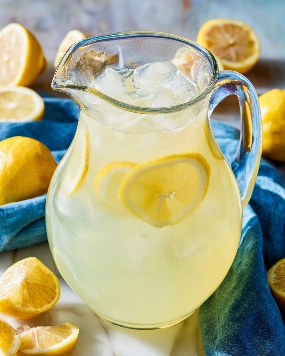 A clear glass pitcher filled with pale yellow lemonade sits on a white marbled surface. The lemonade is filled with large ice cubes floating on the top layer, along with visible slices of bright yellow lemon. The pitcher’s top rim has a curved spout and a clear handle on the side. Around the pitcher, there are more lemon halves and slices, and a white cloth is softly blurred in the background. The scene is bright and fresh, with a blue cloth underneath the pitcher adding a touch of color. photo taken with an iphone --ar 4:5 --v 7