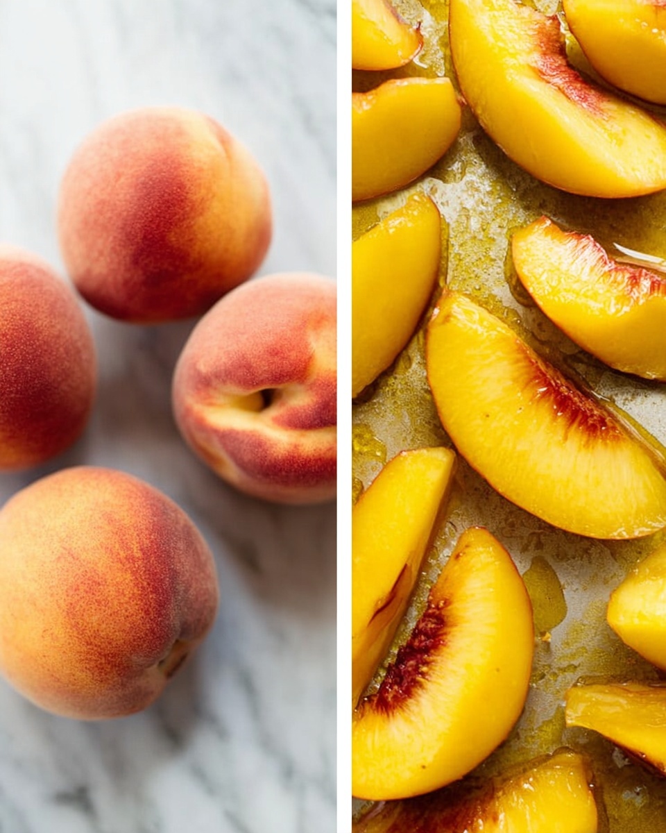 The image shows two close-up views side by side; on the left are three whole peaches with light reddish-orange skin and soft fuzz sitting on a white marbled surface, while on the right are peeled peach slices with a golden yellow color and some hints of red near the center, laid out flat in a baking tray with shiny oil covering the bottom. The photo is taken with an iphone --ar 4:5 --v 7