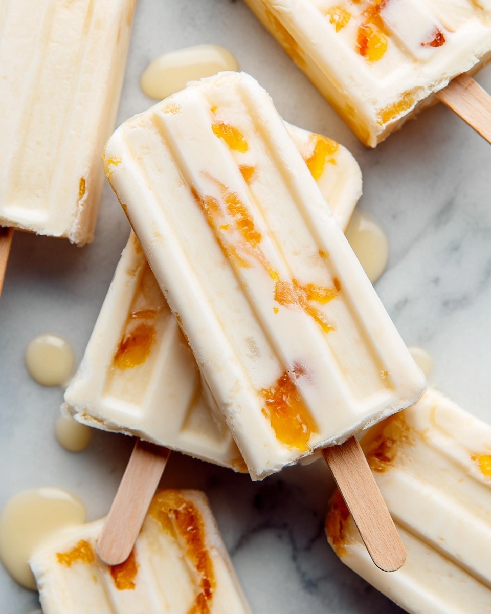 The image shows several creamy white popsicles with uneven orange fruit pieces embedded inside. Each popsicle has a smooth, slightly shiny texture with vertical indentations on the surface. The wooden sticks are light brown and extend from the bottom of the popsicles. They are placed on a white marbled surface, some lying flat and one stacked on top of another, creating a casual, inviting arrangement. A small pool of melted cream is visible near the bottom, adding a touch of realism. photo taken with an iphone --ar 4:5 --v 7