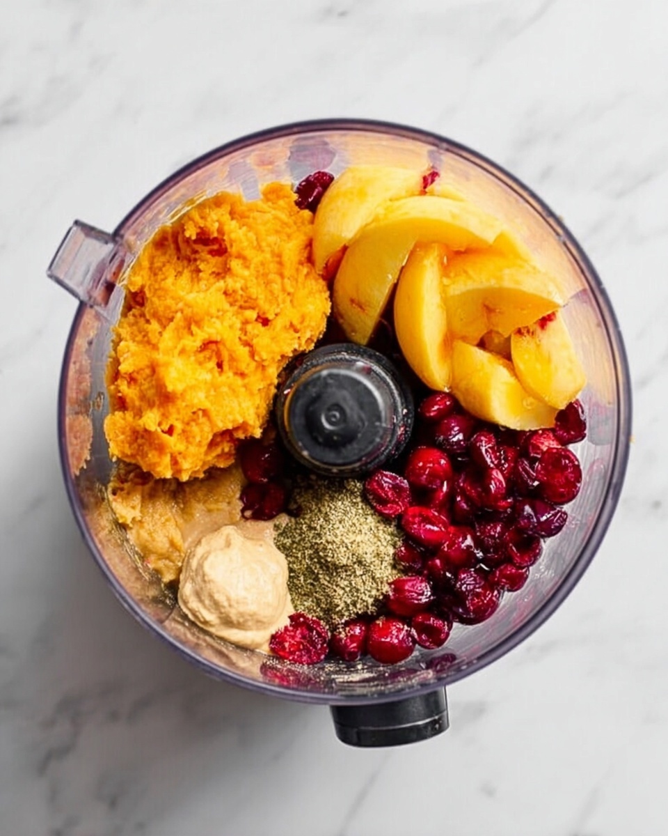 The image shows a food processor bowl sitting on a white marbled surface, filled with different ingredients layered but unmixed. On the left side, there is a bright orange scooped ingredient, likely pumpkin or sweet potato. On the right side, there are yellow-orange slices, possibly canned peaches, neatly stacked. Bright red cranberries fill the space around these ingredients. A small greenish-brown herb or spice mixture is placed near the center top. Also visible is a light beige dollop that looks like ginger or nut butter near the bottom center. The food processor blade sits in the middle, black against the colorful layers around it. Photo taken with an iphone --ar 4:5 --v 7