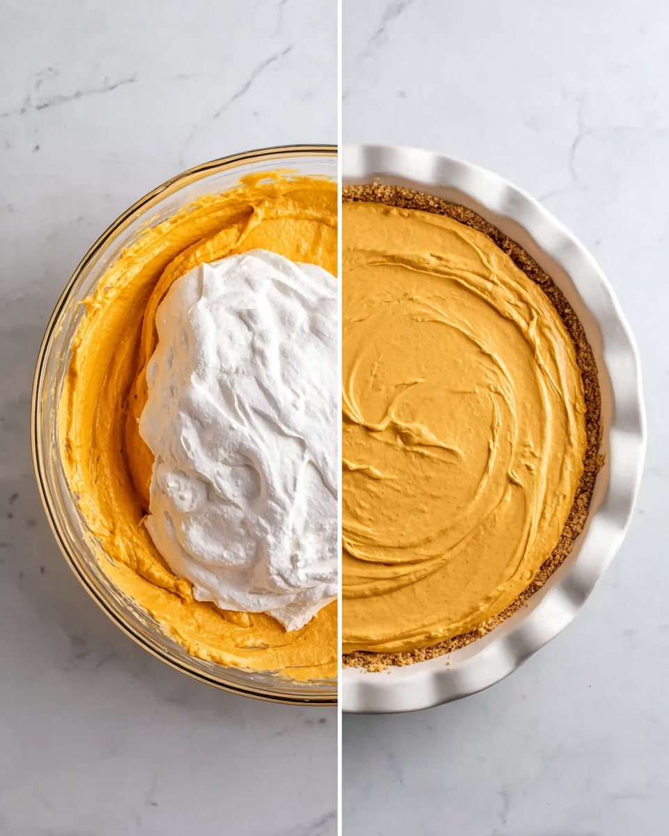The image shows two views side by side on a white marbled surface. On the left, a clear glass bowl contains a thick, smooth orange mixture with a large spoonful of white whipped topping placed on it, creating a contrast of colors and soft textures. On the right, a white pie pan filled with the same orange mixture, now blended smoothly across the top in even swirled layers. The mixture looks creamy and has a bright, warm orange tone, with no visible cracks or bubbles on the surface. photo taken with an iphone --ar 4:5 --v 7