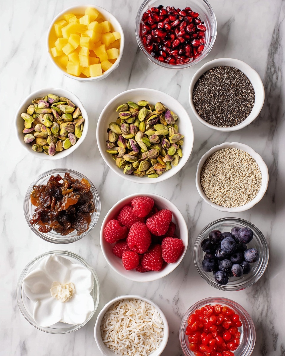 The image shows several small white dishes and clear bowls arranged on a white marbled surface, each filled with different colorful ingredients. Starting from the top left, there are small yellow cubes, bright red pomegranate seeds, and black sesame seeds. Below those, there are chopped pistachios with a green and yellow mix, light beige hemp seeds, and green pumpkin seeds. Further down, there are fresh red raspberries, a white dish with brownish dried fruit pieces, a clear bowl with dark purple blueberries, and a white flower-shaped dish with white coconut flakes. At the bottom, there are tiny beige sesame seeds, small black chia seeds, and bright red small round fruit pieces in a clear bowl. photo taken with an iphone --ar 4:5 --v 7