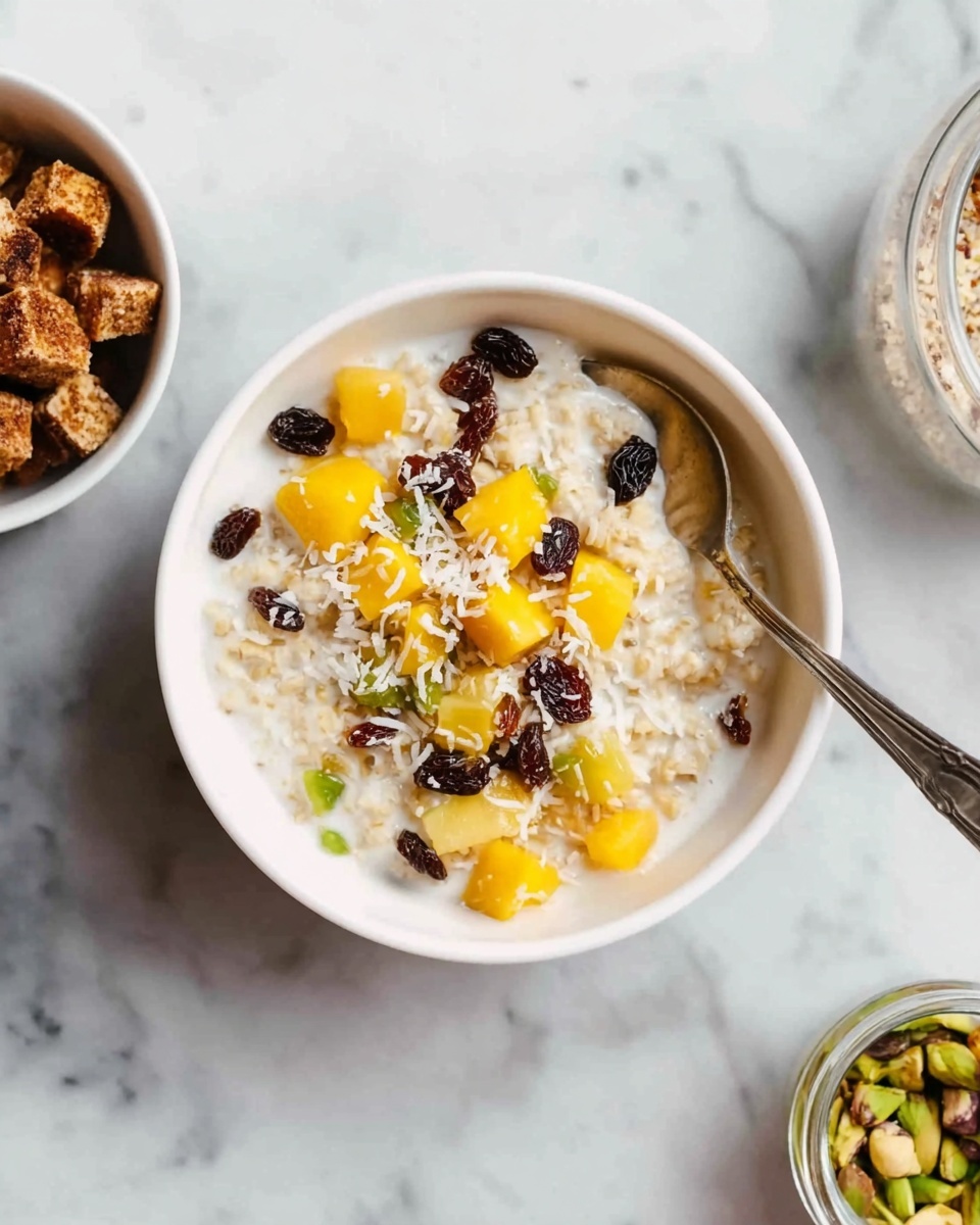 A white bowl filled with creamy oatmeal topped with small yellow mango cubes, dark raisins, and white coconut flakes scattered on top. A silver spoon rests inside the bowl. Around the bowl is a white marbled surface. Nearby, a small white bowl holds browned cubed pieces of food, and part of another container with chopped green nuts is visible. photo taken with an iphone --ar 4:5 --v 7