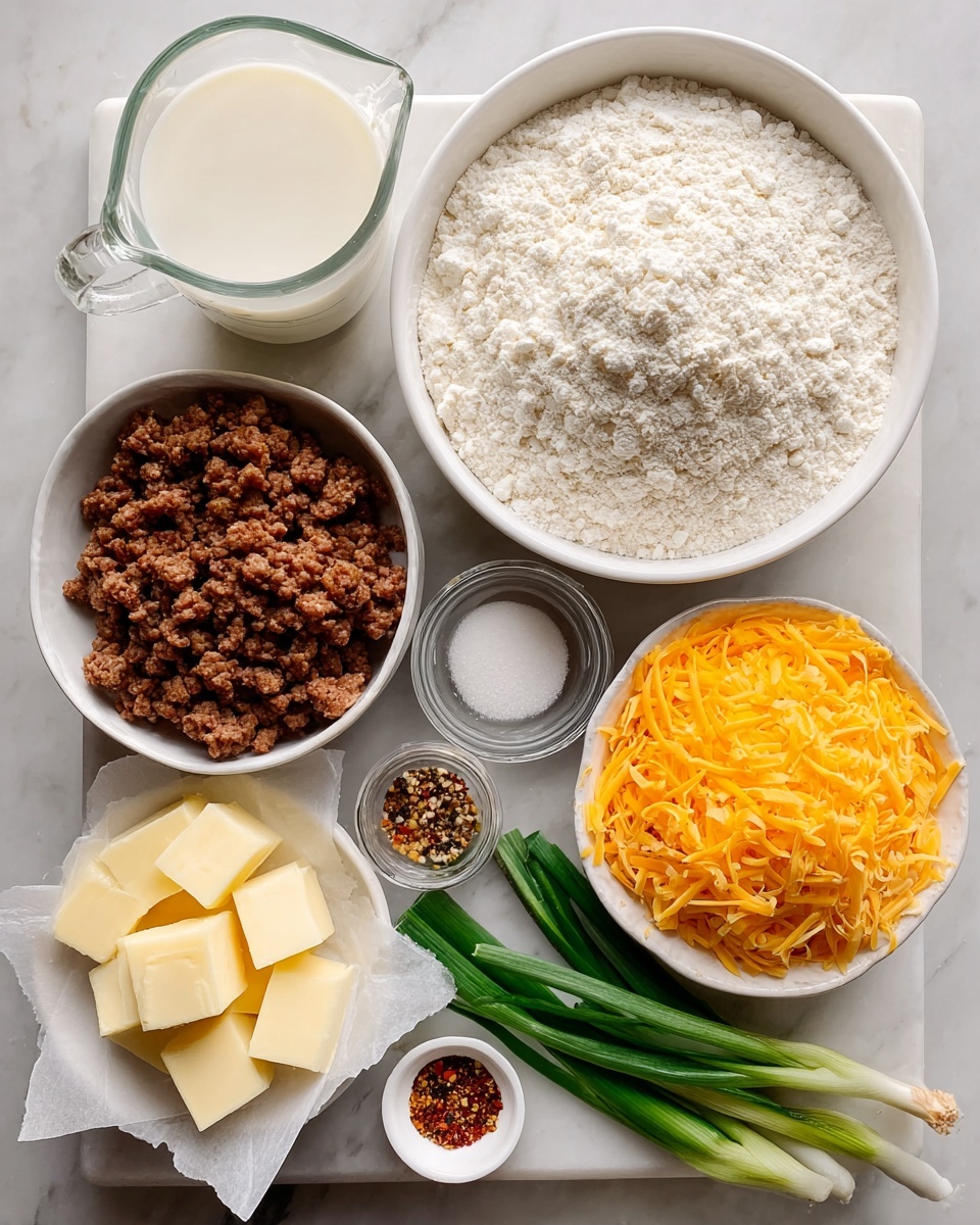 The image shows several bowls and a measuring cup on a white marbled surface, each filled with different ingredients. At the top left is a clear measuring cup with milk. Next to it on the right is a large white bowl filled with flour, topped with a small clear bowl containing brown sugar and white powder. Below the flour bowl is a small white bowl of cooked ground meat. To the right of the meat is a white bowl filled with shredded orange cheddar cheese, with bright green onions resting on its edge. At the bottom left are small cubes of butter on parchment paper. Above the butter is a tiny white dish holding different seasonings, including a light powder, black pepper, and red chili flakes. photo taken with an iphone --ar 4:5 --v 7