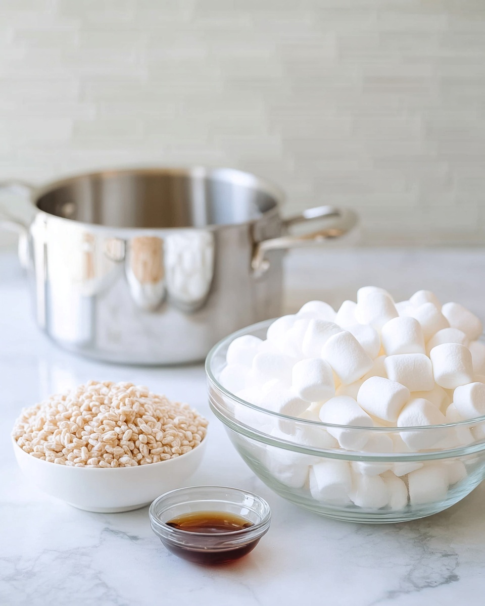 The image shows a close-up of ingredients for a recipe on a white marbled surface. In the foreground, there is a clear glass bowl filled with fluffy white marshmallows that are soft and rounded. To the left of it, there is a white bowl filled with light brown crispy rice cereal grains, slightly textured. In front of the rice cereal bowl, there's a small clear glass dish with a small amount of dark brown vanilla extract liquid. In the background, there is a shiny stainless steel pot with two handles, reflecting soft light. The scene is simple and bright, with soft natural lighting. photo taken with an iphone --ar 4:5 --v 7