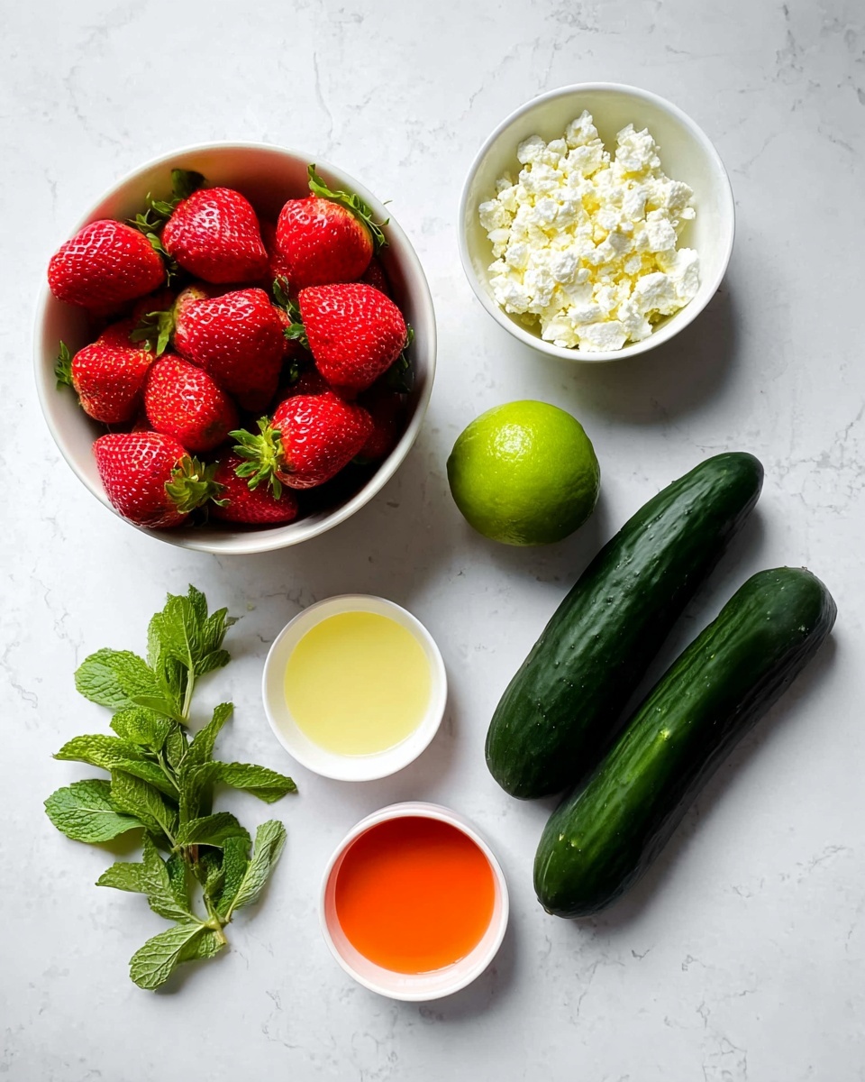 The image shows a white bowl filled with bright red strawberries with green leaves on the top left, next to a smaller white bowl containing crumbly white cheese on the top right. Below, there is a whole green lime placed between the bowls of cheese and strawberries. On the bottom right, two long dark green cucumbers lie parallel to each other. There are two small white bowls of liquids near the middle, one with a pale yellow liquid and the other with an orange liquid. On the bottom left, there is a small bunch of fresh green mint leaves. All of the items are placed on a white marbled surface. photo taken with an iphone --ar 4:5 --v 7