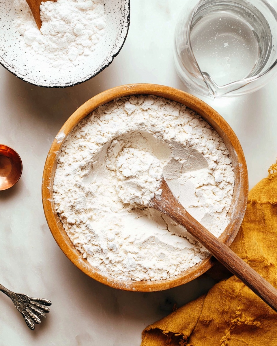 A close-up image showing a wooden bowl filled with white flour that has a slightly rough texture and a wooden spoon resting inside, partially buried in the flour. To the upper left, there is a white bowl with black speckles filled with a white powdery ingredient, containing a small copper spoon. To the right, a glass jug with water is visible, and in the lower left corner, there is a small part of a silver metal item and a mustard-yellow cloth on a white marbled surface. The photo taken with an iphone --ar 4:5 --v 7