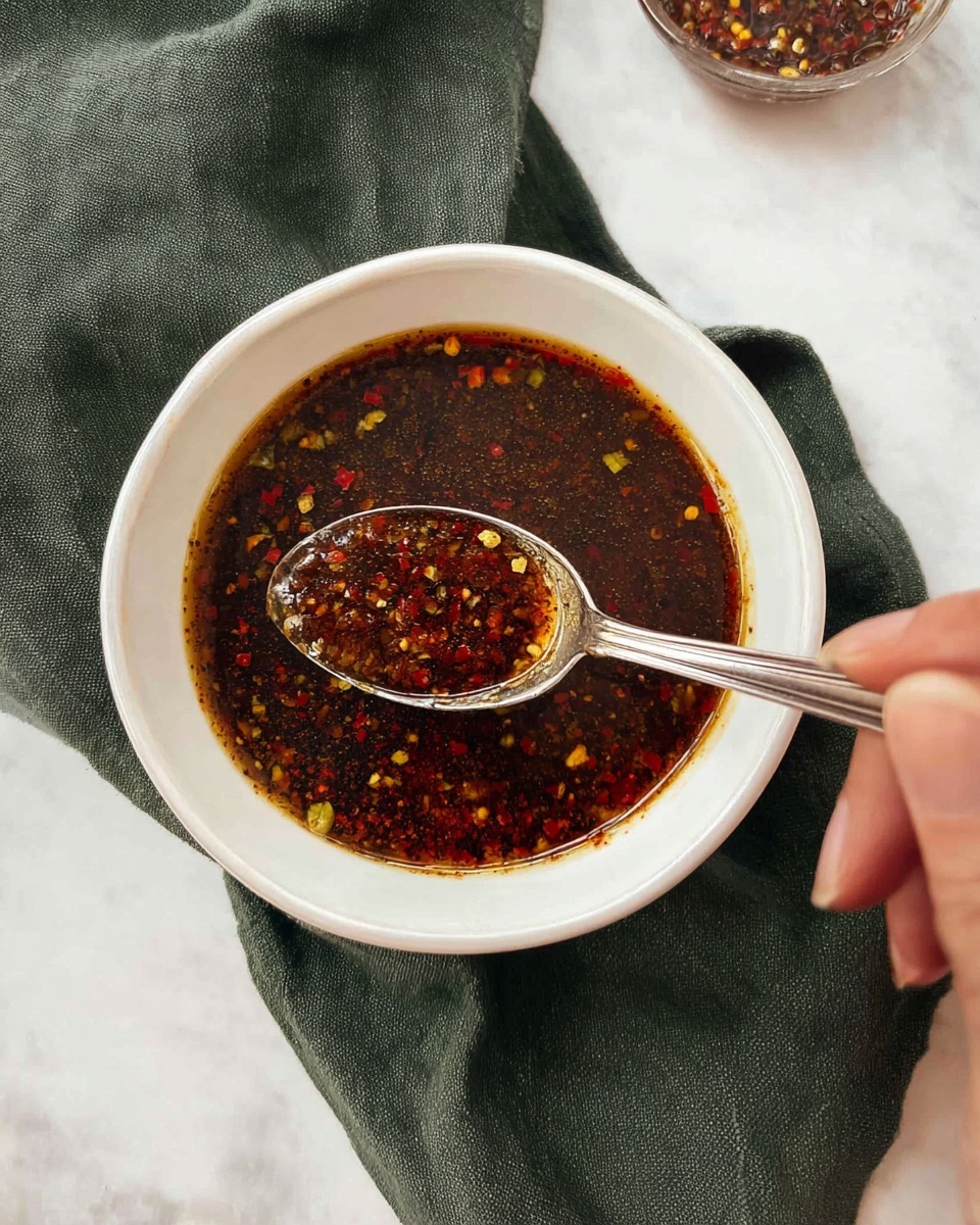 A white bowl filled with a dark brown sauce with visible small yellow and red spice bits floating throughout. A shiny silver spoon is scooping some sauce from the bowl, held by a person's fingers with a woman's hand visible on the right side. The bowl rests on a dark green cloth that is placed on a white marbled surface. Photo taken with an iphone --ar 4:5 --v 7