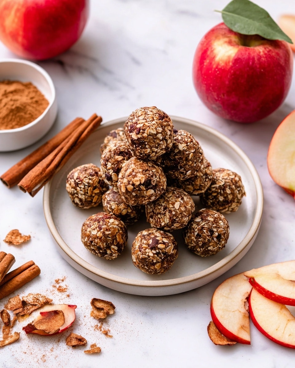 The image shows a white round plate with a stack of small round balls made of oats, nuts, and seeds at the center. The balls are brown with visible oat flakes and small nut pieces, giving them a rough texture. On the right side of the plate, there is a red apple with a green leaf and some dried apple slices scattered next to it. Two cinnamon sticks lie horizontally to the left of the ball stack. The plate is placed on a white marbled surface, and there are more red apples and a small white bowl with a brown powder visible in the background. Photo taken with an iphone --ar 4:5 --v 7