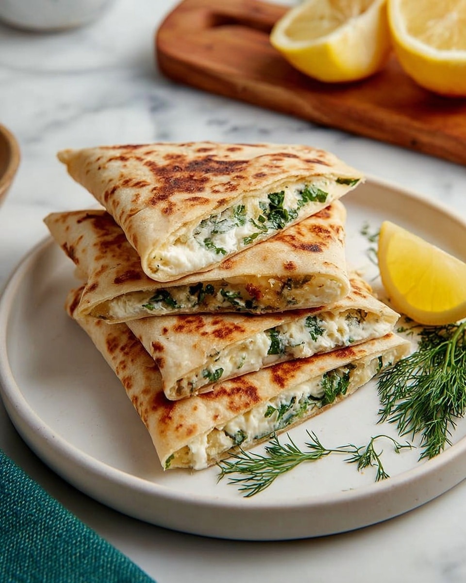 The image shows three folded, triangular flatbreads stacked on a white round plate, each with a golden-brown toasted surface and specks of darker browning. Inside, creamy white filling mixed with fresh green herbs is visible along the open edges. A small lemon wedge rests against the flatbreads on the right side, with some sprigs of fresh green dill scattered on the plate. The plate sits on a white marbled surface with a blurred wooden cutting board and halved lemon in the background, along with a hint of a green cloth on the bottom left. Photo taken with an iphone --ar 4:5 --v 7