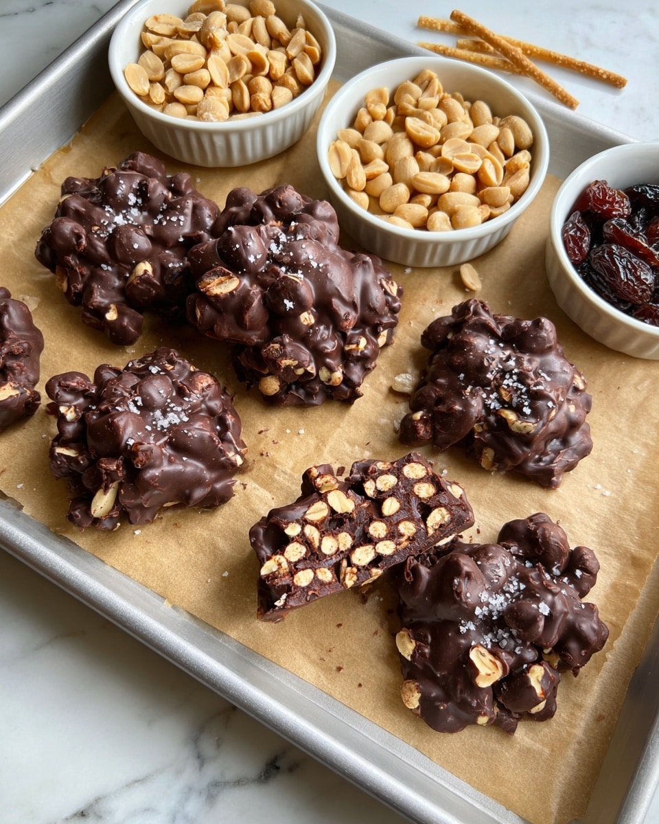 The image shows several rough, round clusters of dark chocolate mixed with whole nuts, placed on a sheet of brown parchment paper that is on a gray baking tray. One of the chocolate clusters is broken in half, revealing a dense inside filled with many nuts and dark bits. The chocolate pieces have a shiny texture and some are sprinkled with a light dusting of salt. Near the clusters, there are three small white bowls filled with light brown peanuts, dark raisins, and thin stick-like beige snack pieces. The whole setting is on a white marbled surface. Photo taken with an iphone --ar 4:5 --v 7
