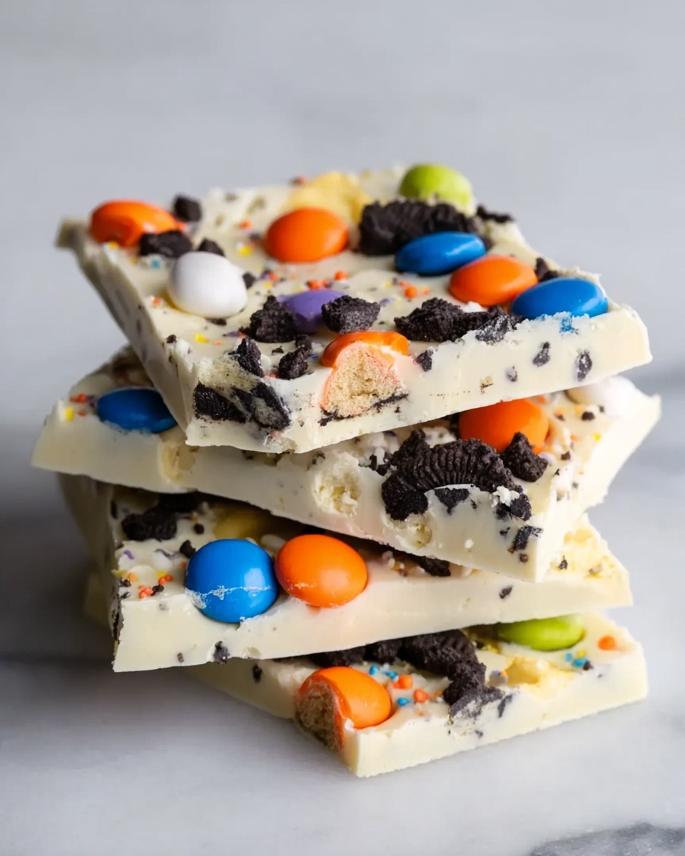 Three layers of white chocolate bark stacked unevenly on a white marbled surface, each layer dotted with colorful candy-coated chocolate pieces in orange, blue, green, and white, plus black cookie bits and candy corn shapes. The white chocolate has a smooth, creamy texture with some specks of crushed cookies, and the bark edges are rough and irregular. The top layer is slightly tilted, showing the mix of bright colors and dark cookie pieces against the pale white chocolate. photo taken with an iphone --ar 4:5 --v 7