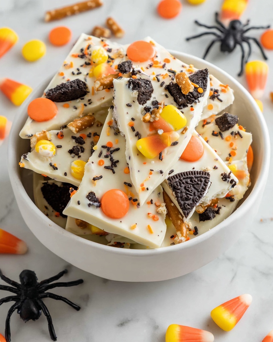 The image shows a white bowl filled with triangular pieces of white chocolate bark. The bark has colorful candy toppings in orange, yellow, and white, along with small black and orange sprinkle bits scattered on top. There are broken pieces of dark chocolate cookies and small pretzel sticks embedded in the white chocolate. Around the bowl on a white marbled surface, there are a few colorful candy pieces and two small black plastic spiders, enhancing a festive look. photo taken with an iphone --ar 4:5 --v 7